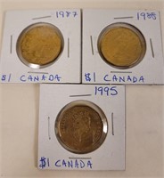 1987, 1988, & 1995 Canadian One Dollar Coins