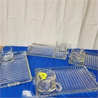 VINTAGE GLASS STRIPED SNACK PLATES/ CUPS - 4 TOTAL