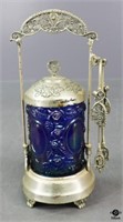 Silver Plate & Blue Carnival Glass Pickle Jar