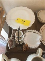 Milk glass cake stand, baskets, & others