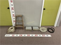 Small step ladder, work platform, extension cords