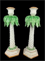 A Pair Of Porcelain Palm Tree Candlesticks,