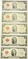 Lot of (5) 1928 $2 Red Seal Notes