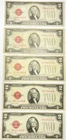 Lot of (5) 1928 $2 Red Seal Notes