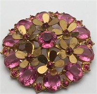 Gold Tone Designer Broach W Pink Rhinestones