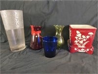 4 Vases, 1 Flower Pot w/ Base