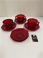 Ruby Red Cups, Saucers & Sugar Bowl