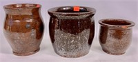 3 Redware pots, dark glaze, 6" dia., 5.5" tall /