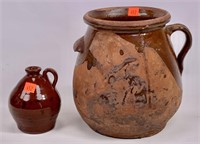 Redware pot, handle on one side, ear on the other,