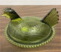7"x5”x5”. Hen on Nest Vintage Green Glass. Ships