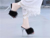 WOMENS SIZE7 (38) FLUFFY OPEN TOE STILETTO 6IN