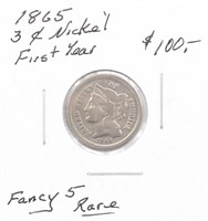 1865 3 Cent Nickel First Year Fancy 5 RARE
