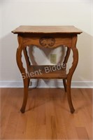 Solid Oak Carved Side Table with Lower Open Shelf