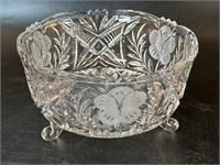 Pressed Glass Etched Floral 3 Footed Bowl 8” x 4”