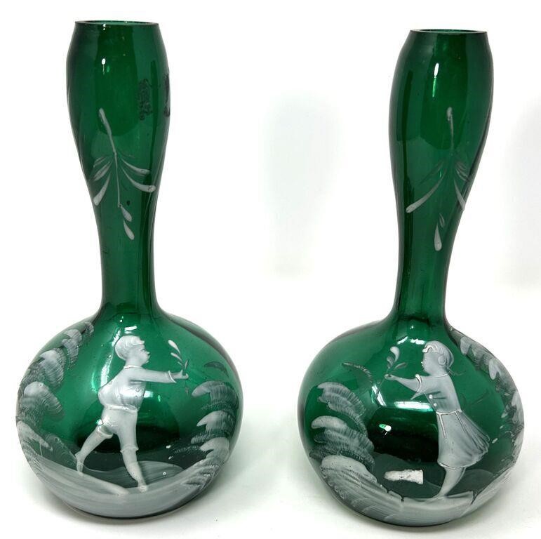 Pair of Emerald Mary Gregory Vases