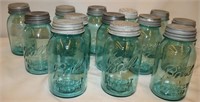 13 Blue Vintage Ball Canning Jars w/Zinc Lids