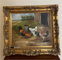 HUGE 28" x 33" Original Oil Painting Frame Chicken