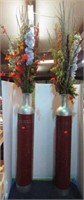 PAIR-- METAL VASES & ARTIFICIAL FLOWERS