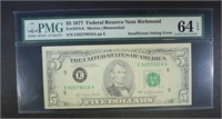 1977 $5 FEDERAL RESERVE NOTE RICHMOND PMG 64 EPQ
