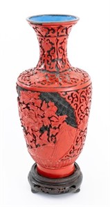 Chinese Carved Red Lacquer Vase on Stand