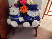 Wooden Bench with 2 Teddy Bears, Flowers