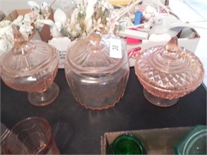 3 Pink Glass Lidded Dishes - 2 are Cabbage Rose
