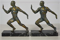 BRONZE & MARBLE MALE ATHLETE FIGURAL BOOK ENDS