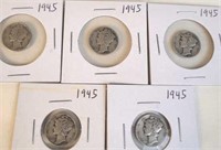 5 - 1945 Mercury Silver Dimes