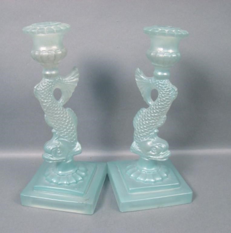 Two Consolidated Green Wash Dolphin Candlesticks