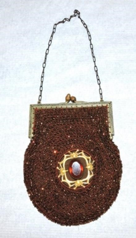 Lady's beaded purse with amber center stone, 6"