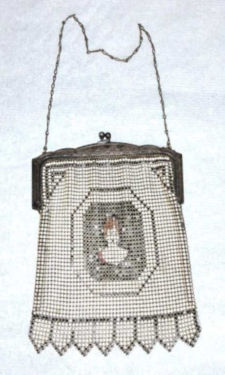 Lady's mesh purse with portrait of lady, 7"