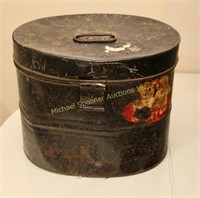 ANTIQUE ENGLISH OVAL METAL HAT BOX WITH C.P. LABEL
