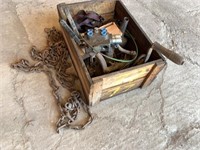 Box with antique grinder and hydraulic valve and