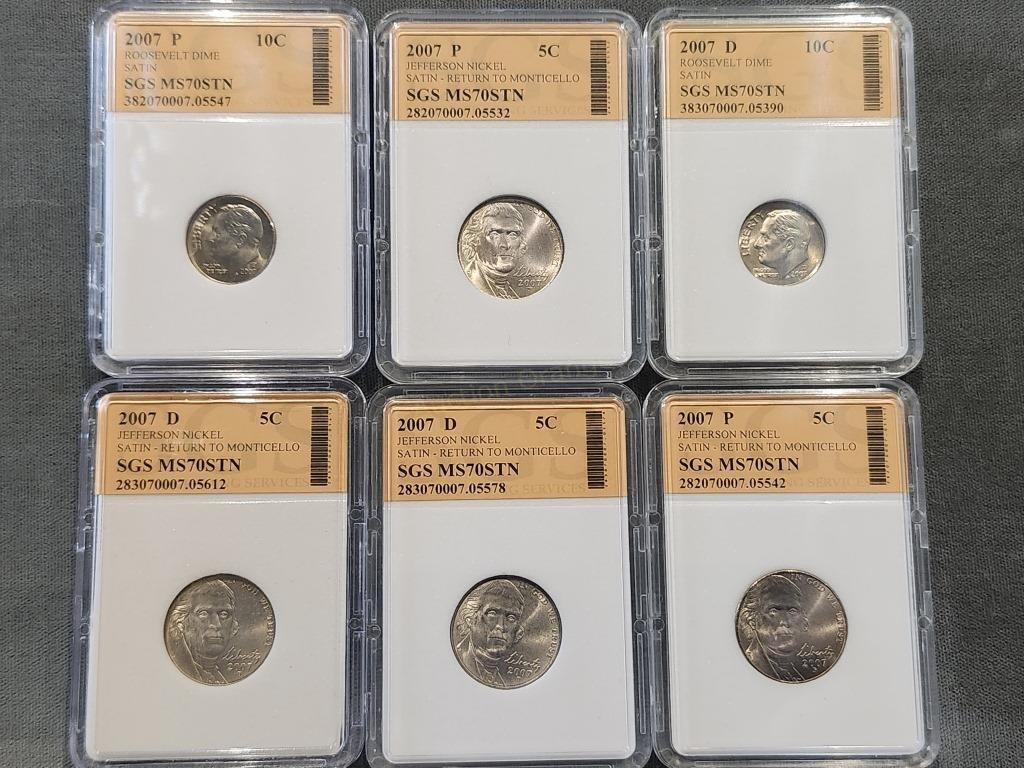 6x The Bid Sgs Graded Coins, Nickels, Dime