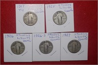 (5) Standing Liberty Quarters 1917 to 1927 Mix