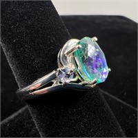 Ring Blue Green Stone Sterling - Size 8 - Silver