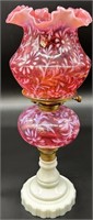 Beautiful Fenton Cranberry Opal Daisy & Fern Lamp