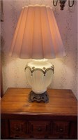 Vtg. Opalescent Lamp With Metal Base & Applied