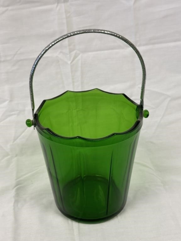 Green Glass Basket w Metal Handle