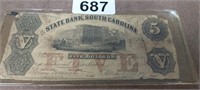 1850'S $5 BANK OF THE STATE OF SOUTH CAROLINA