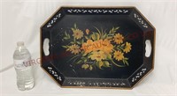 Hand Painted Tole Floral Pierced Metal Tray ~ 18"w