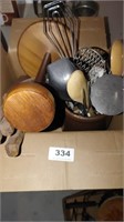 box of kitchen utensils, crock, knives & block