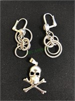 Skull and crossbones pendant, dangle earrings,