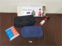 Pyrex dish with carry bag, extinguisher, etc