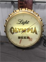 Light Olympia Beer clock/light, works, 16" across