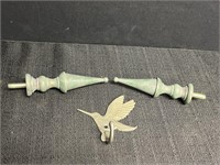 2 metal finials & hummingbird pewter wall hook