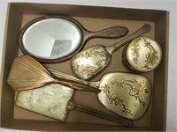 Flat of vintage brushes, mirrors, jewelry dish.