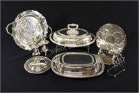 Silver Plate Lidded Serving Dishes, Trays, S&P Set