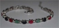 Sterling Silver Bracelet w/ Rubies, Emeralds,