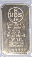 1.6ozt Gold .999 Bar Union Bank of Switzerland